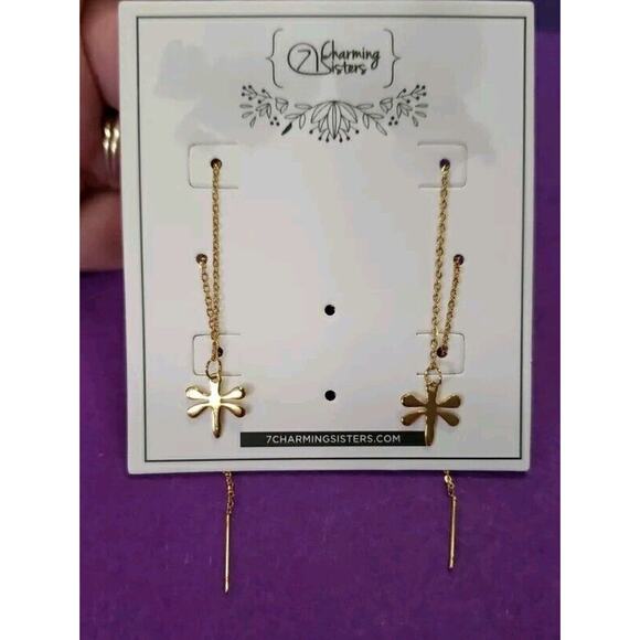 Dragonfly Long Dangle Threader Chain Earrings Shiny Yellow Gold Tone New - Picture 1 of 5